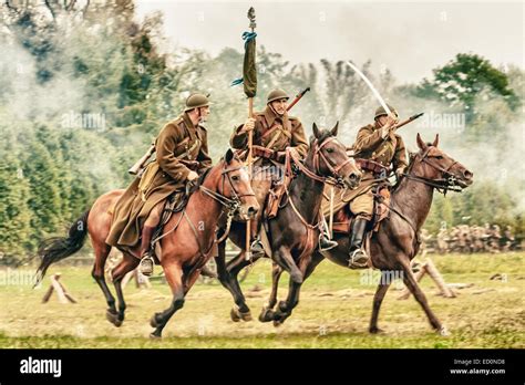 Polish cavalry ride their horses during WWII Battle of Lomianki - historical reenactment, Poland ...