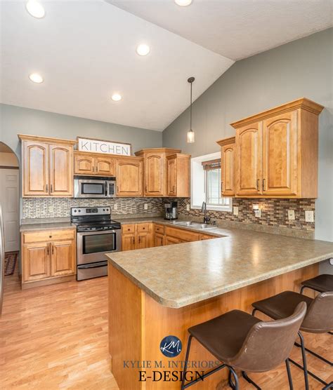 Oak kitchen cabinets, update ideas, wood trim, Arctic Shadows green ...