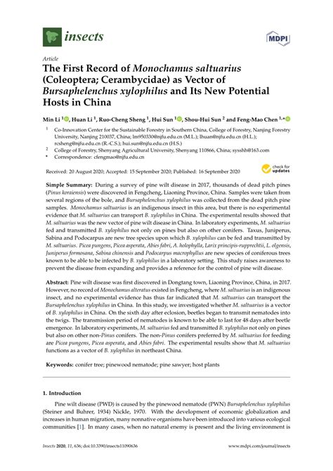 (PDF) The First Record of Monochamus saltuarius (Coleoptera; Cerambycidae) as Vector of ...