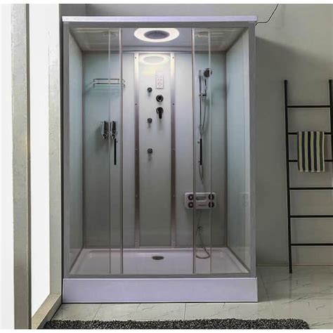 Lavish 33-1/2 in. L x 59 in. W x 87 in. H Center Drain Alcove Shower Stall Kit in White and ...