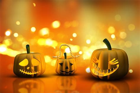 Free Photo | 3D Halloween pumpkins on a bokeh lights background