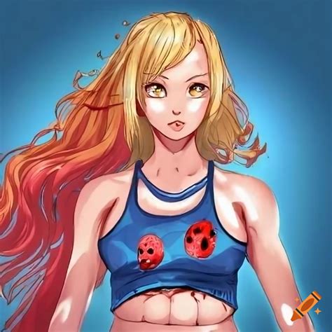 Japanese female wrestler with red and blue gear and katana in a cartoon style on Craiyon