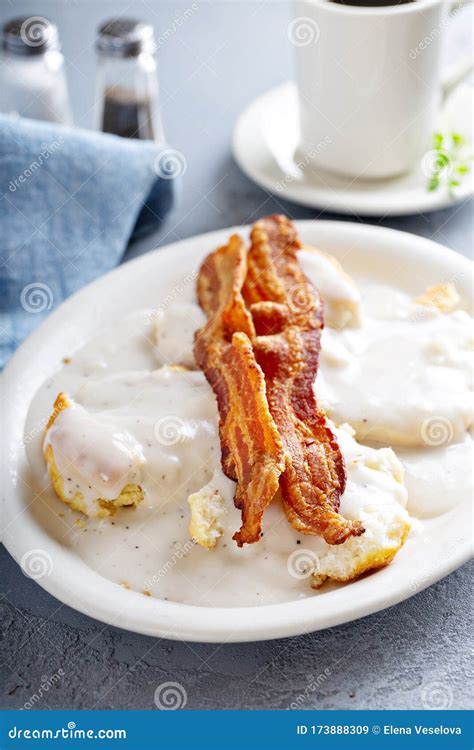 Biscuits and Gravy with Bacon for Breakfast Stock Image - Image of fork, breakfast: 173888309