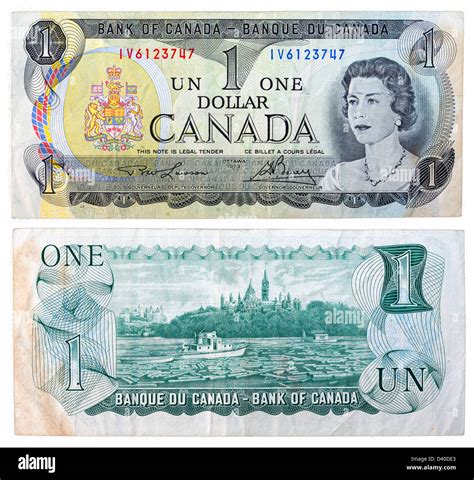 1 Dollar banknote, Queen Elizabeth II and Parliament Building across the Ottawa river, Canada ...