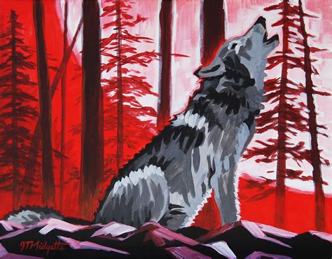 Wolf With Red Sky Acrylic Painting Howling at the Moon - Etsy | Wolf ...