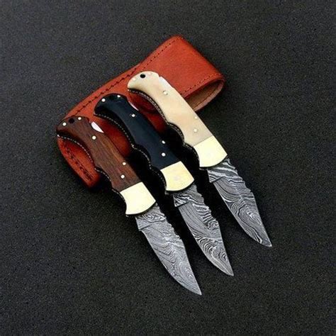 Handmade Damascus Steel Folding Knives 3 pcs | Damascus Knives