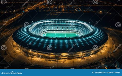 Aerial View of Huge Stadium Illuminated at Night Stock Illustration ...