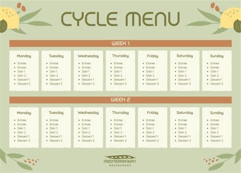 Customize online this Hand-drawn Mediterranean Restaurant Weekly Cycle Menu template