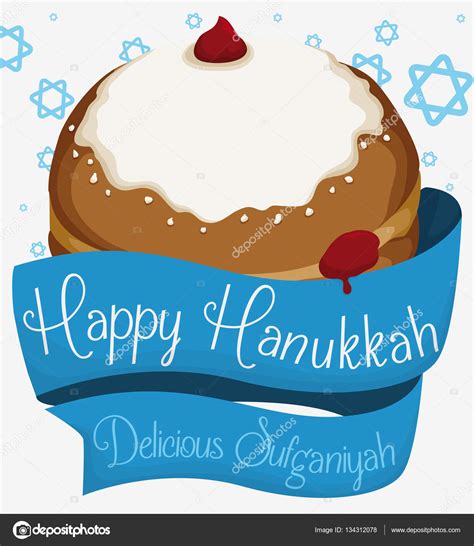 Sufganiyah with Blue Ribbons around it and Stars for Hanukkah, Vector Illustration — Stock ...