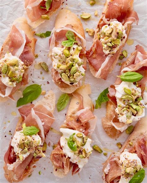 Burrata and Prosciutto di San Daniele Crostini with Hot Honey and Chopped Pistachios by ...