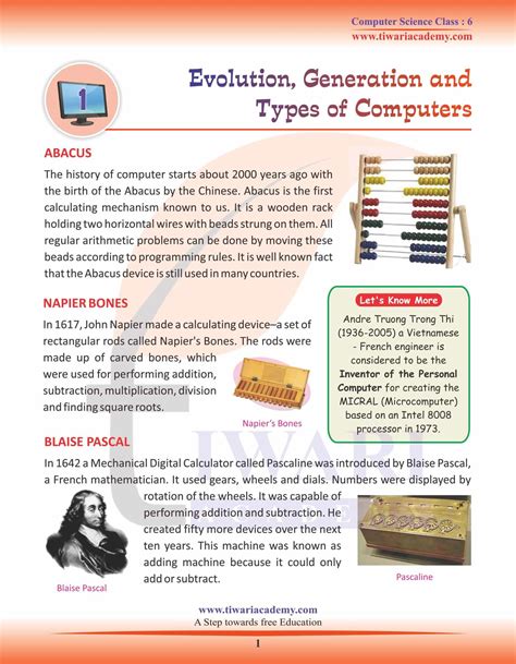 Class 6 Computer Science Chapter 1 Generation and Types of Computer