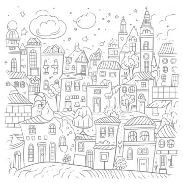 The Hand Drawn City Coloring Page Outline Sketch Drawing Vector, City Skylines Drawing, City ...