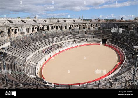 Interior of Roman amphitheatre or arena Nimes France dating from about 100AD showing elliptical ...