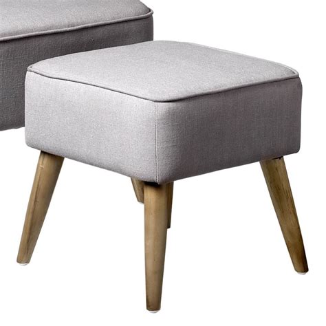 two grey and white footstools with wooden legs on a white background, one is upholstered