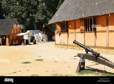 Recreated interior of the James Fort at the historic Jamestown ...