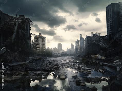 city in chaos, crumbling buildings, devastation scene, generative AI ...