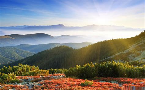 morning sunshine with fog-Beautiful mountain scenery picture-2560x1600 Download | 10wallpaper.com