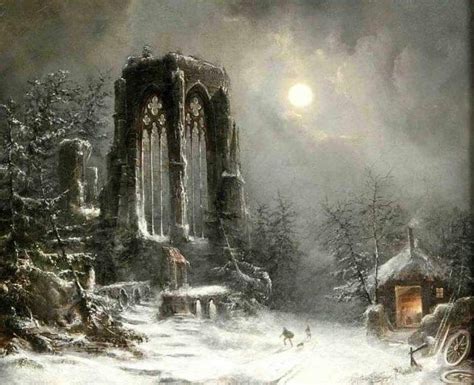 Gothic church ruin under the full moon in snowy, 19th century by German Romantic unknown master ...