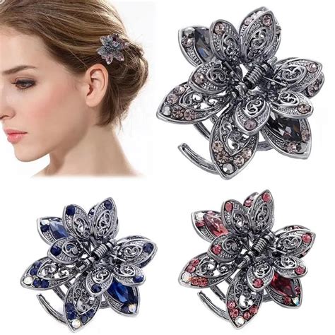 Vintage Rhinestone Silver Color Hair Claw Clips for Women Hollowed Flower Hairpins Hair Claw ...