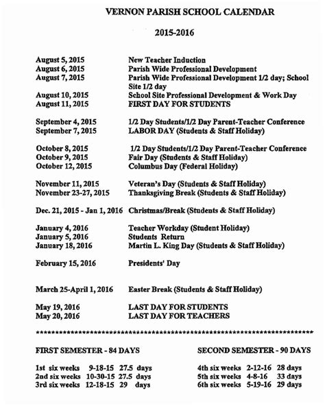 Vernon Parish School Calendar for 2015-2016 School Year