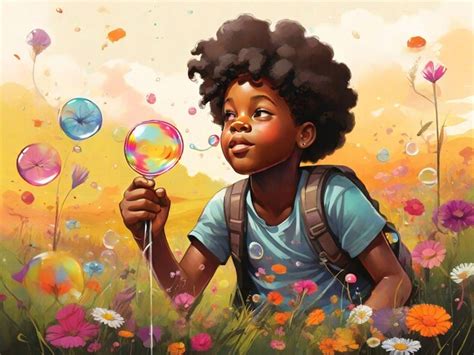 Premium AI Image | illustrate a black child blowing colorful bubbles