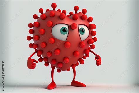 Cartoon covid 19 virus figure with a red heart against a white backdrop. Generative AI Stock ...