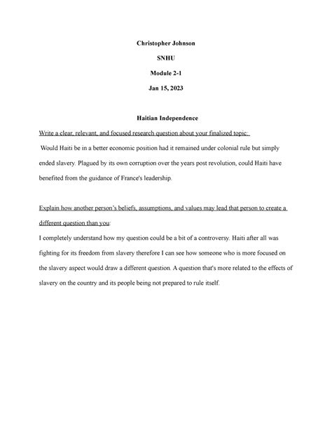 Christopher Johnson HIS-100 2-1 - Christopher Johnson SNHU Module 2- Jan 15, 2023 Haitian - Studocu
