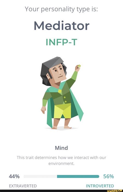 Your personality type is: Mediator INFP-T Mind This trait determines how we interact with our ...