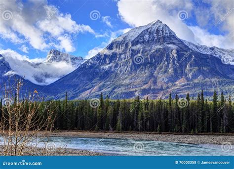 A Giant Rocky Mountain in Jasper National Park with Athabasca River in ...