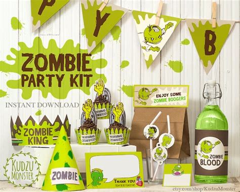 Zombie Party Printable kit Birthday decor banner flags bottle wrap cupcake toppers graveyard ...