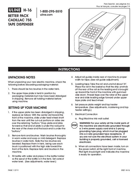 Uline H-16 Better Pack Cadillac 755 Tape Dispenser Instructions