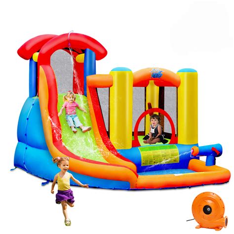 Costway Inflatable Bounce House Kid Water Splash Pool Slide Jumping Castle w/740W Blower ...