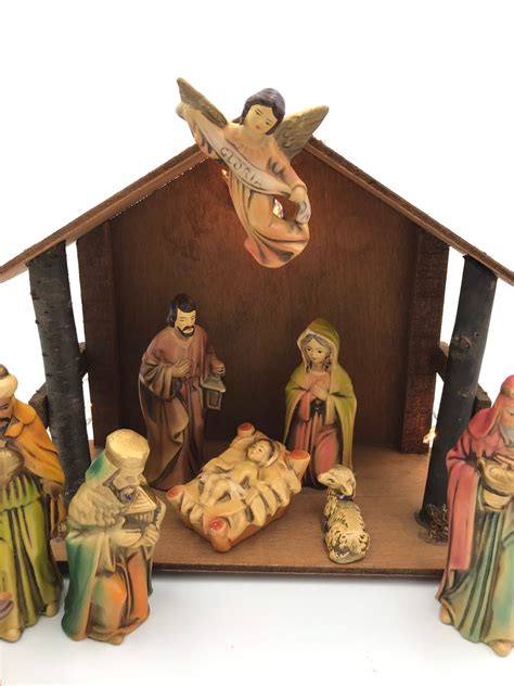 Vintage Nativity set with Wooden Crèche, Hand painted Figurines made in Japan Christmas Nativity ...