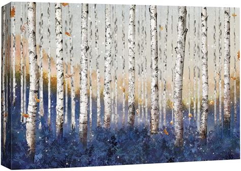 wall26 Canvas Wall Art White Birch Trees with Blue Falling Leaves in Summer Time Landscape ...