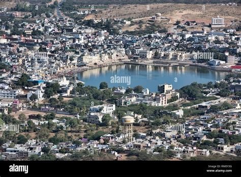 Aerial view of Pushkar and its holy lake from Savitri Mata, Pushkar, Rajasthan, India Stock ...