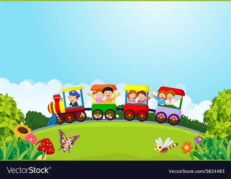 illustration of Cartoon happy kids on a colorful train. Download a Free ...