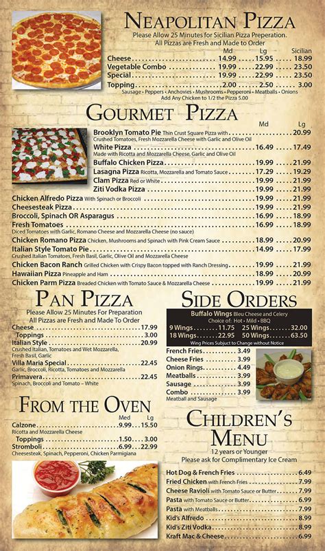 Menu - Villa Maria Restaurant and Pizzeria