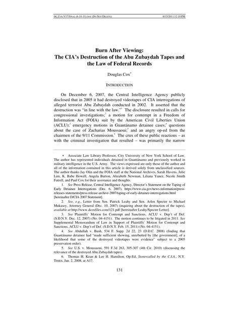 (PDF) Burn after Viewing: The CIA's Destruction of the Abu Zubaydah Tapes and the Law of Federal ...