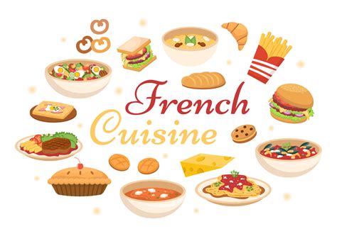 French Cuisine Restaurant with Various Traditional or National Food Dish of France on Flat Style ...