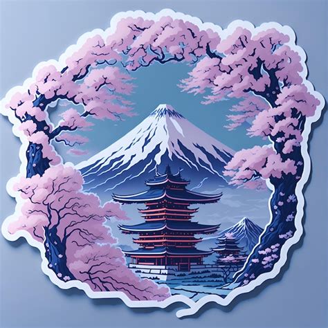 Premium Photo | A sticker of a japanese mountain with a pink roof and a ...