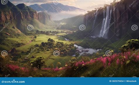 AI Generated Mountain Valley with Falling Waterfalls Stock Illustration - Illustration of ...