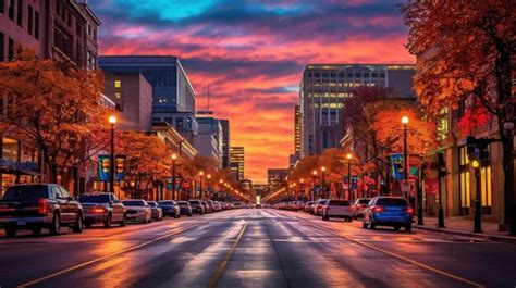 Premium AI Image | a city street with a colorful sunset in the background.