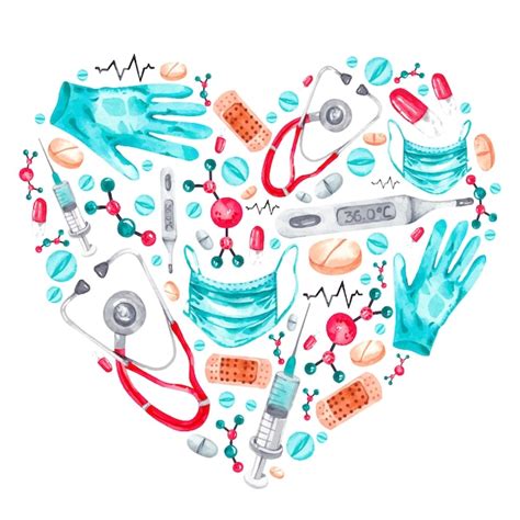 Premium Vector | Watercolor medical heart made of gloves pills thermometers syringes stethoscopes