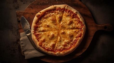 Premium AI Image | A pizza with cheese on it is on a round wooden board.