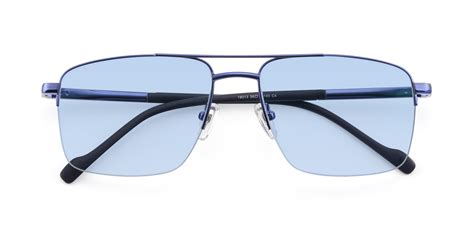 Blue Double Bridge Rectangle Semi-Rimless Tinted Sunglasses with Light ...