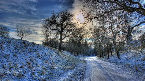 Lovely country road into a village in winter r, winter, trees, road, r, church, hill, village HD ...