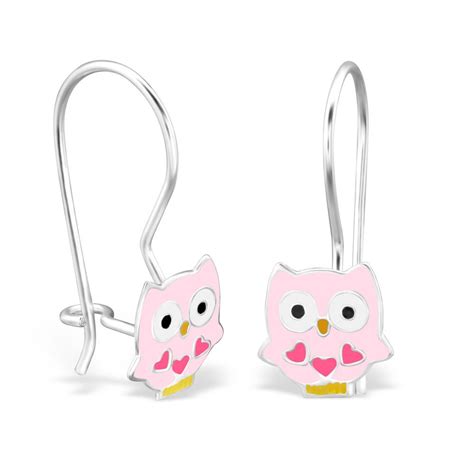 Owl Earrings Owl Dangle Earrings Sterling Silver Pink Owl