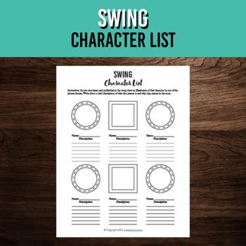 Swing Character List | Printable Book Study Worksheet | Kwame Alexander