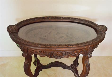 AntiqueART NOUVEAU Carved Wood Lady with Angels Glass Tray Top Coffee Table by cougarvintage on ...