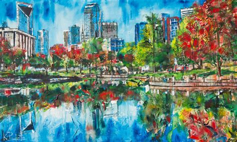 Charlotte NC Skyline Art Painting - park trees reflections- Kent Paulette